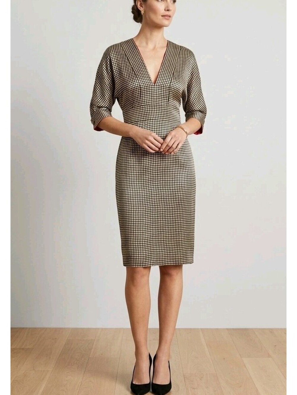Tommy Hilfiger Dress Womens 12 Black Polka Dot Silk V Neck Belted Sheath Midi
